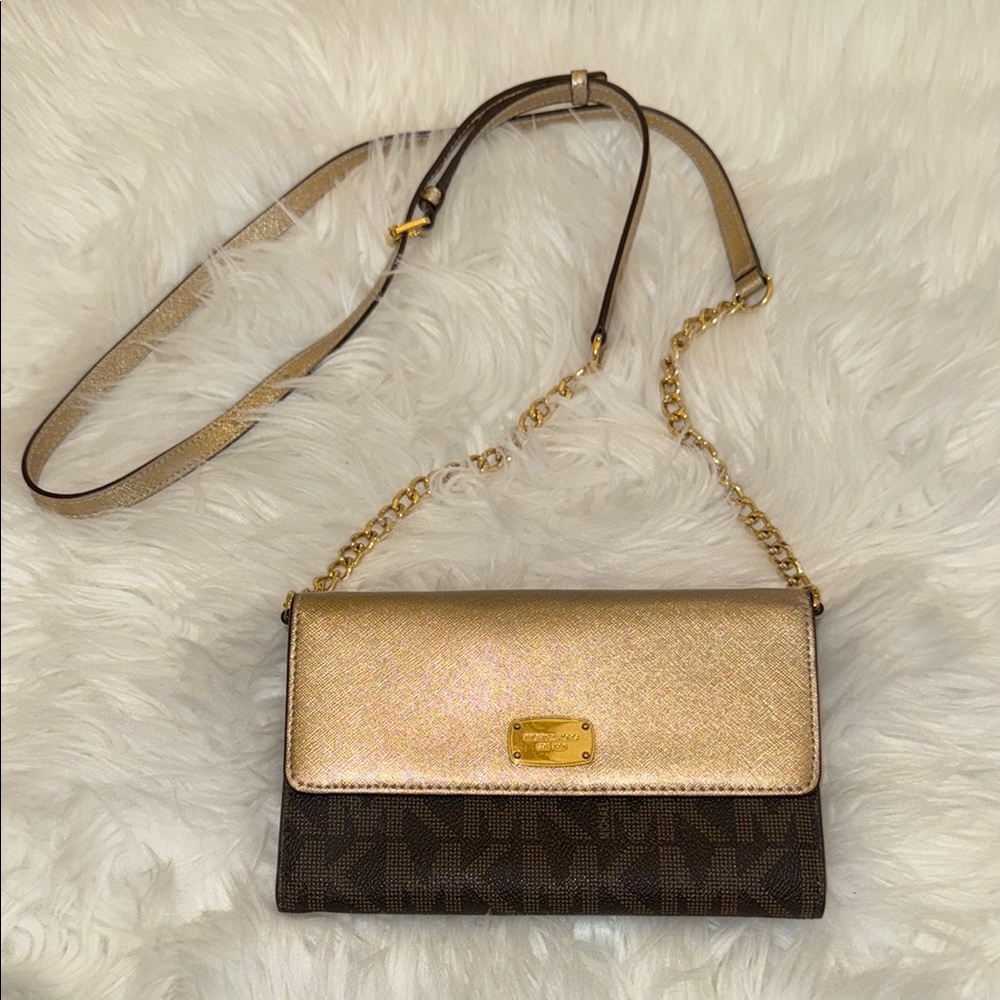 Michael Kors Gold and Brown Crossbody Bag with Dual Straps